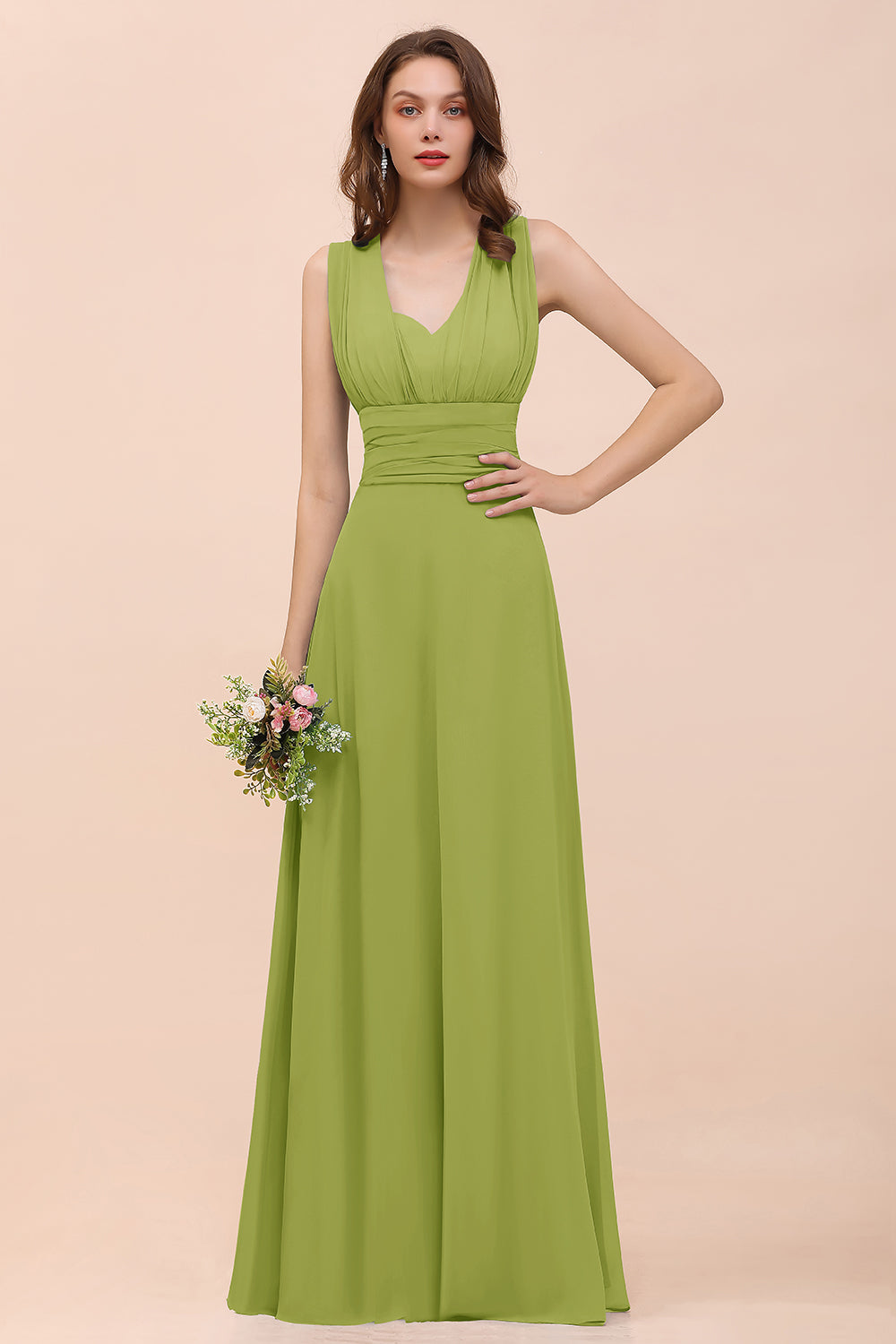 Classy A-Line Wide Straps Floor Length Chiffon Bridesmaid Dresses With Ruched