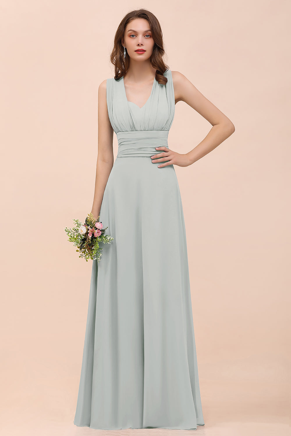 Classy A-Line Wide Straps Floor Length Chiffon Bridesmaid Dresses With Ruched