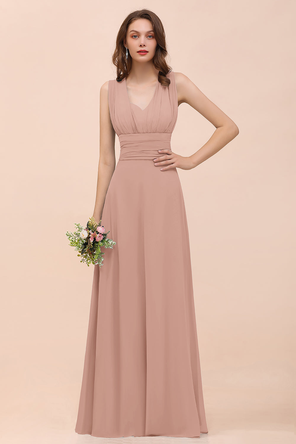 Classy A-Line Wide Straps Floor Length Chiffon Bridesmaid Dresses With Ruched