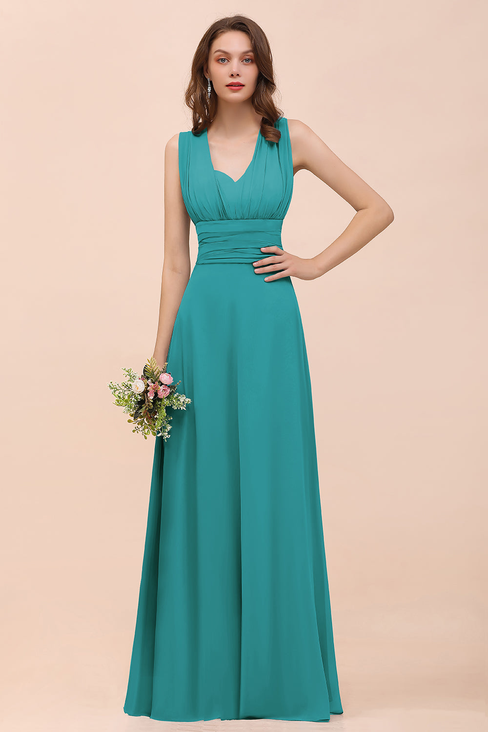 Classy A-Line Wide Straps Floor Length Chiffon Bridesmaid Dresses With Ruched