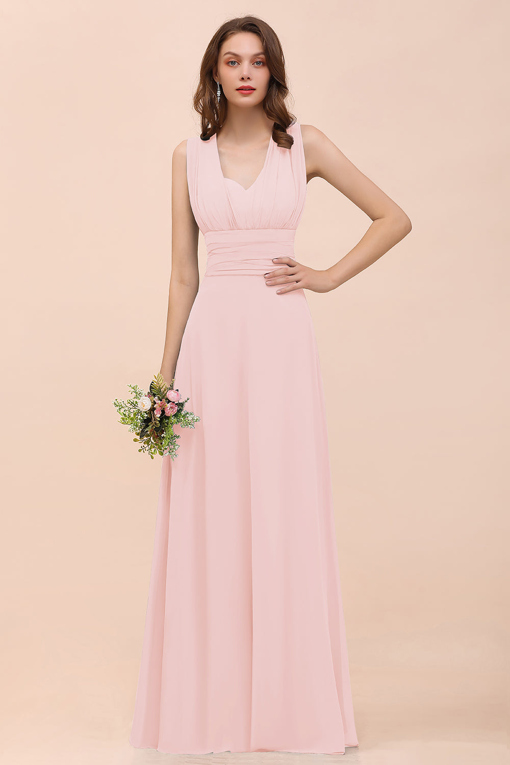 Classy A-Line Wide Straps Floor Length Chiffon Bridesmaid Dresses With Ruched