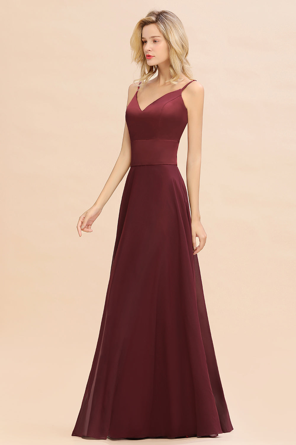 Classy A-line Floor Length Spaghetti Straps V-neck Chiffon Bridesmaid Dress