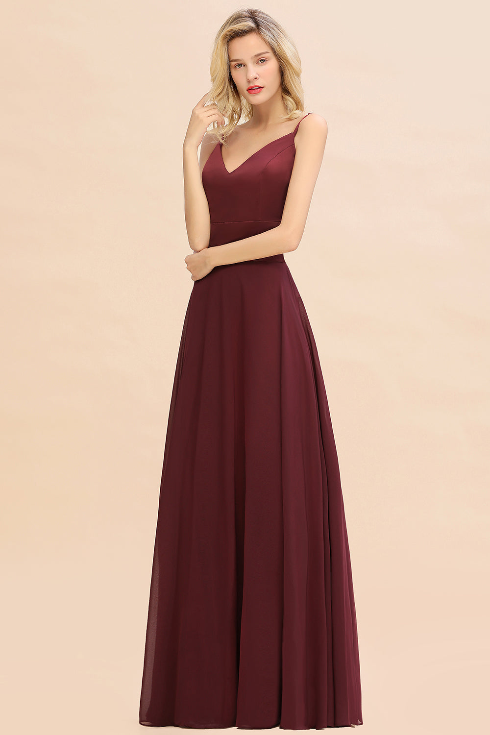 Classy A-line Floor Length Spaghetti Straps V-neck Chiffon Bridesmaid Dress