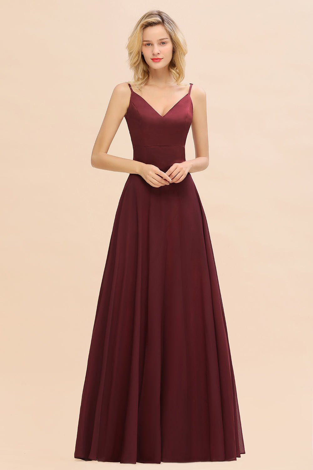 Classy A-line Floor Length Spaghetti Straps V-neck Chiffon Bridesmaid Dress