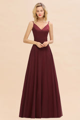Classy A-line Floor Length Spaghetti Straps V-neck Chiffon Bridesmaid Dress