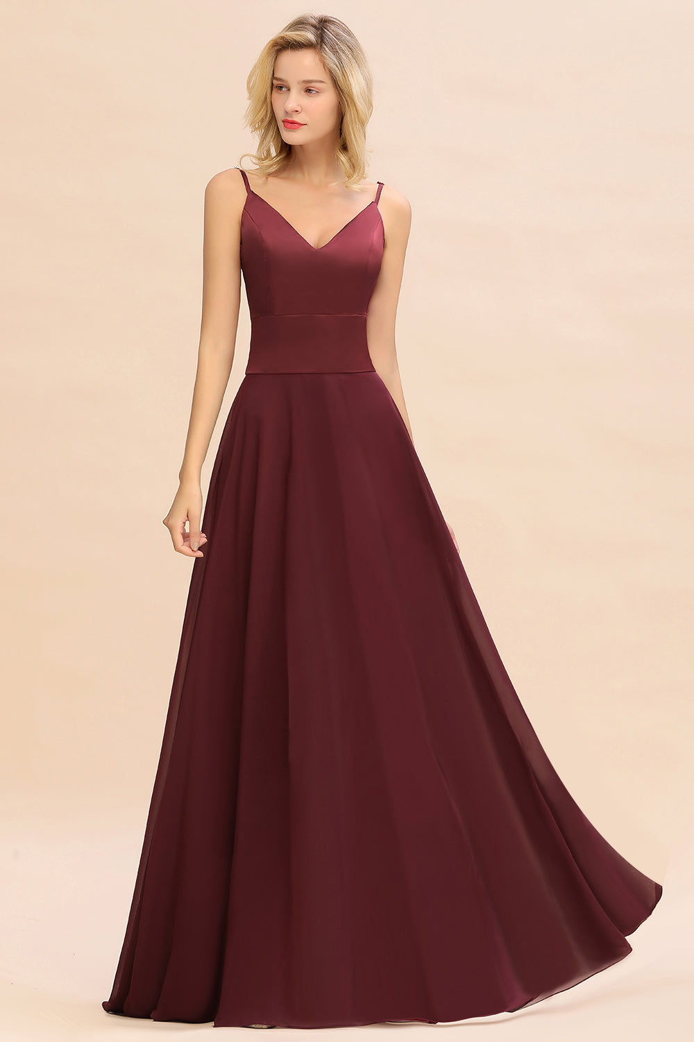 Classy A-line Floor Length Spaghetti Straps V-neck Chiffon Bridesmaid Dress