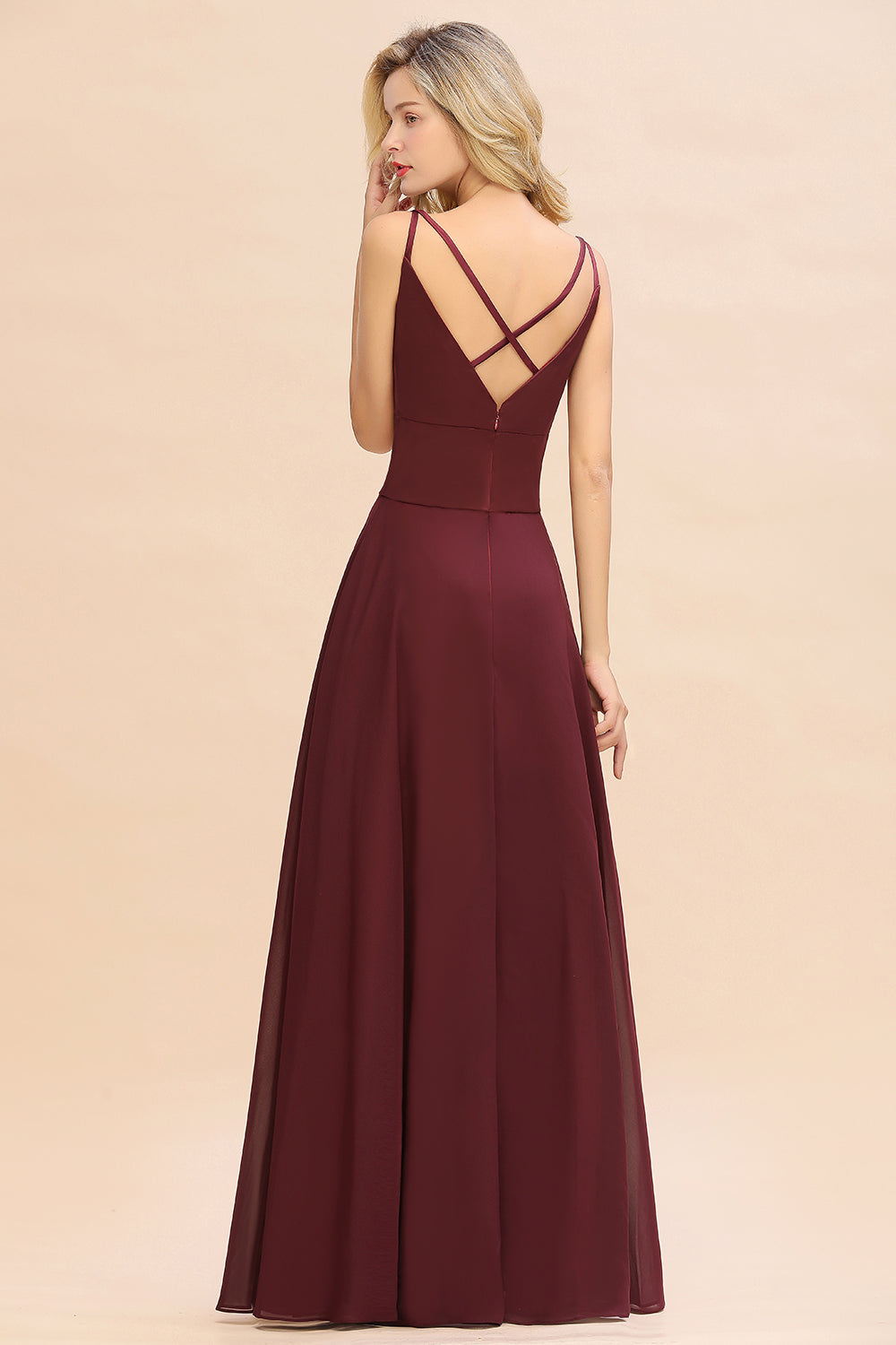 Classy A-line Floor Length Spaghetti Straps V-neck Chiffon Bridesmaid Dress