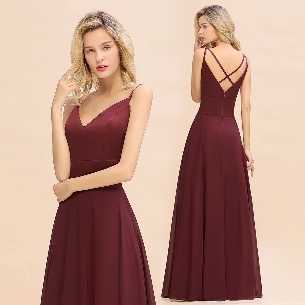 Classy A-line Floor Length Spaghetti Straps V-neck Chiffon Bridesmaid Dress