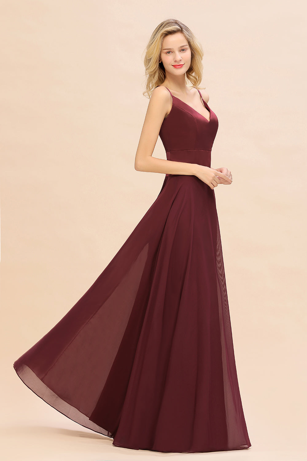 Classy A-line Floor Length Spaghetti Straps V-neck Chiffon Bridesmaid Dress