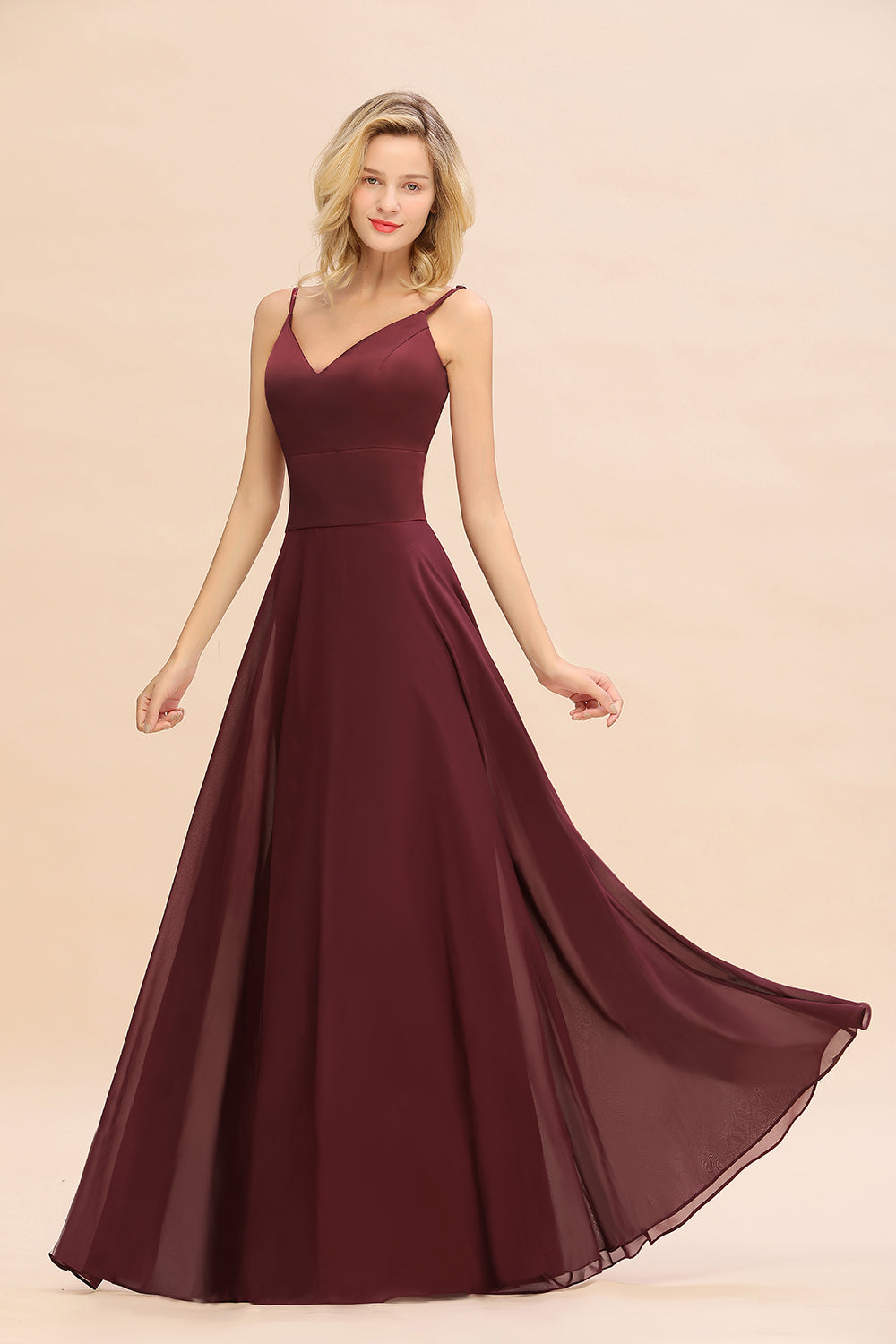 Classy A-line Floor Length Spaghetti Straps V-neck Chiffon Bridesmaid Dress