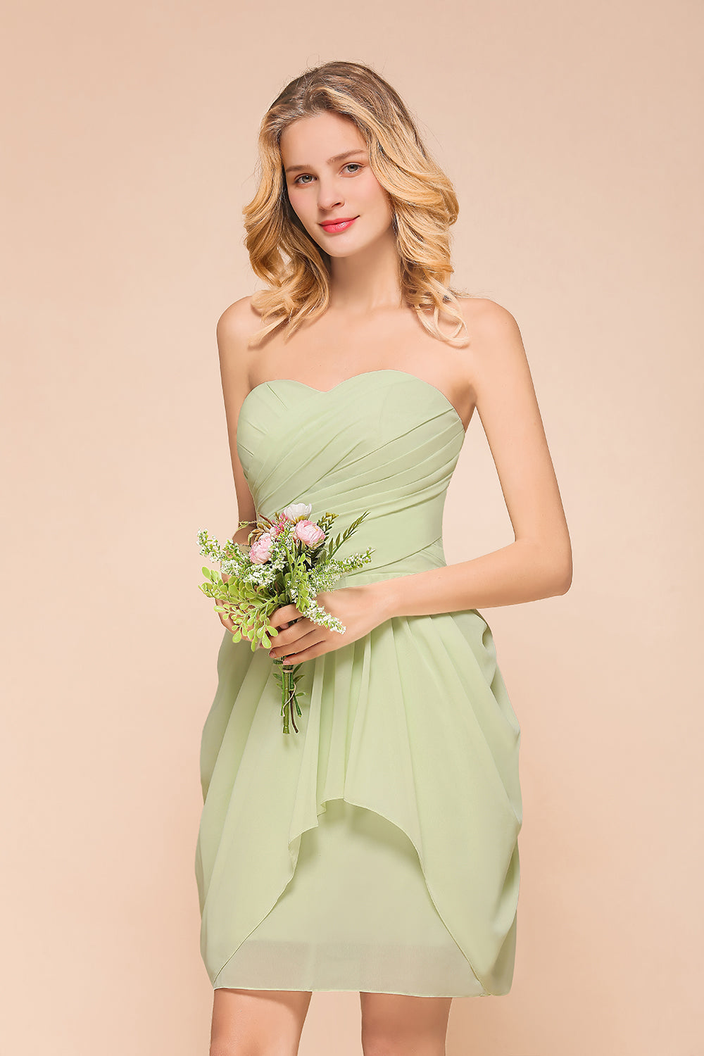 Classy Light Green Strapless A-line Knee-length Chiffon Bridesmaid Dress With Ruched