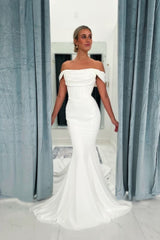 Long Mermaid Off the Shoulder Ruched Floor Length White Wedding Dresses