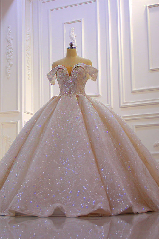 Classy Long Off the Shoulder Sequin Beading Satin Ruffles Ball Gown Wedding Dress