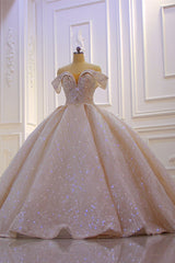 Classy Long Off the Shoulder Sequin Beading Satin Ruffles Ball Gown Wedding Dress