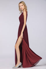 Classy Long Wide Straps V-neck A-Line Chiffon Ruffles Bridesmaid Dress With Side Slit