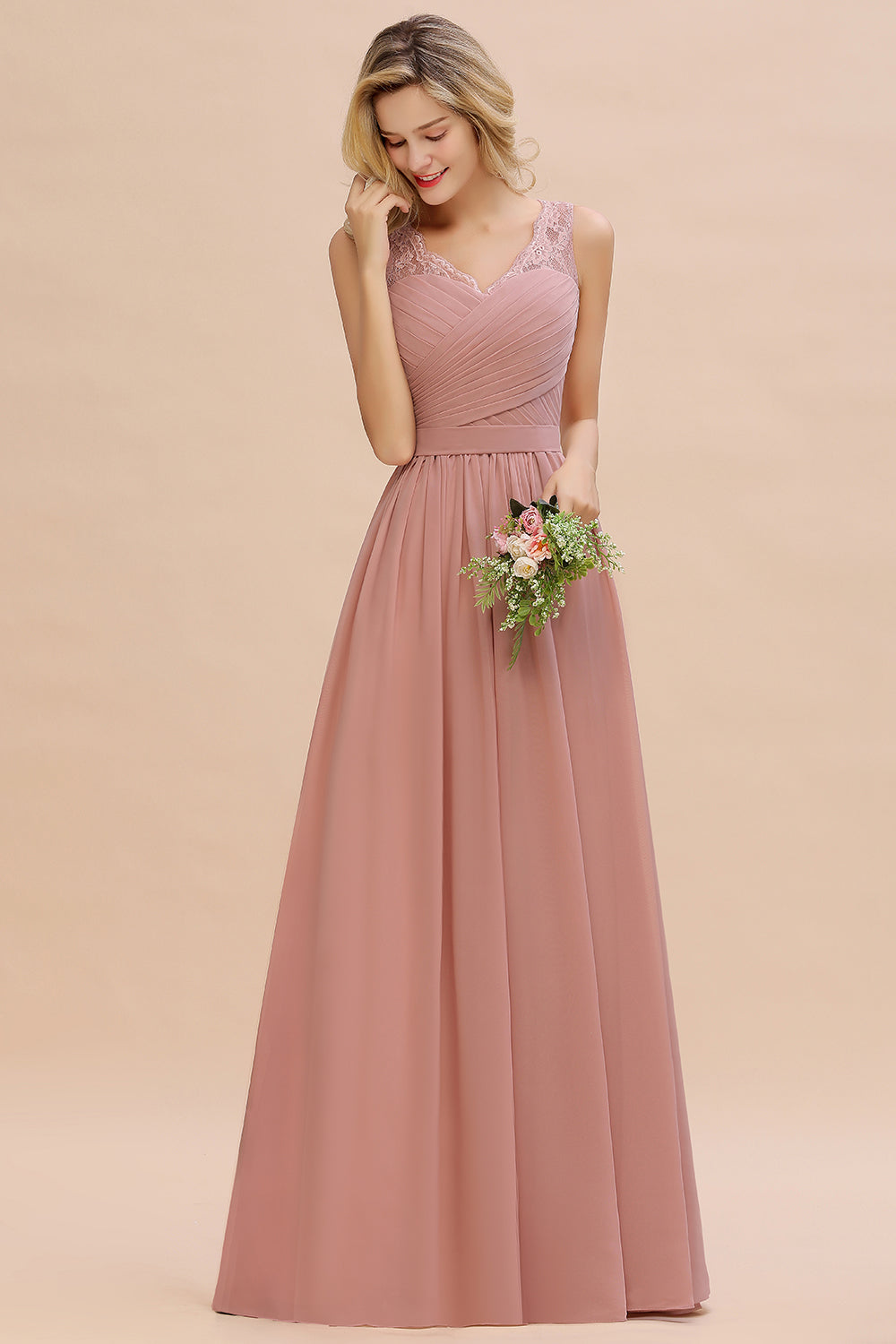 Classy Wide Straps V-neck A-line Floor Length Ruched Chiffon Bridesmaid Dress