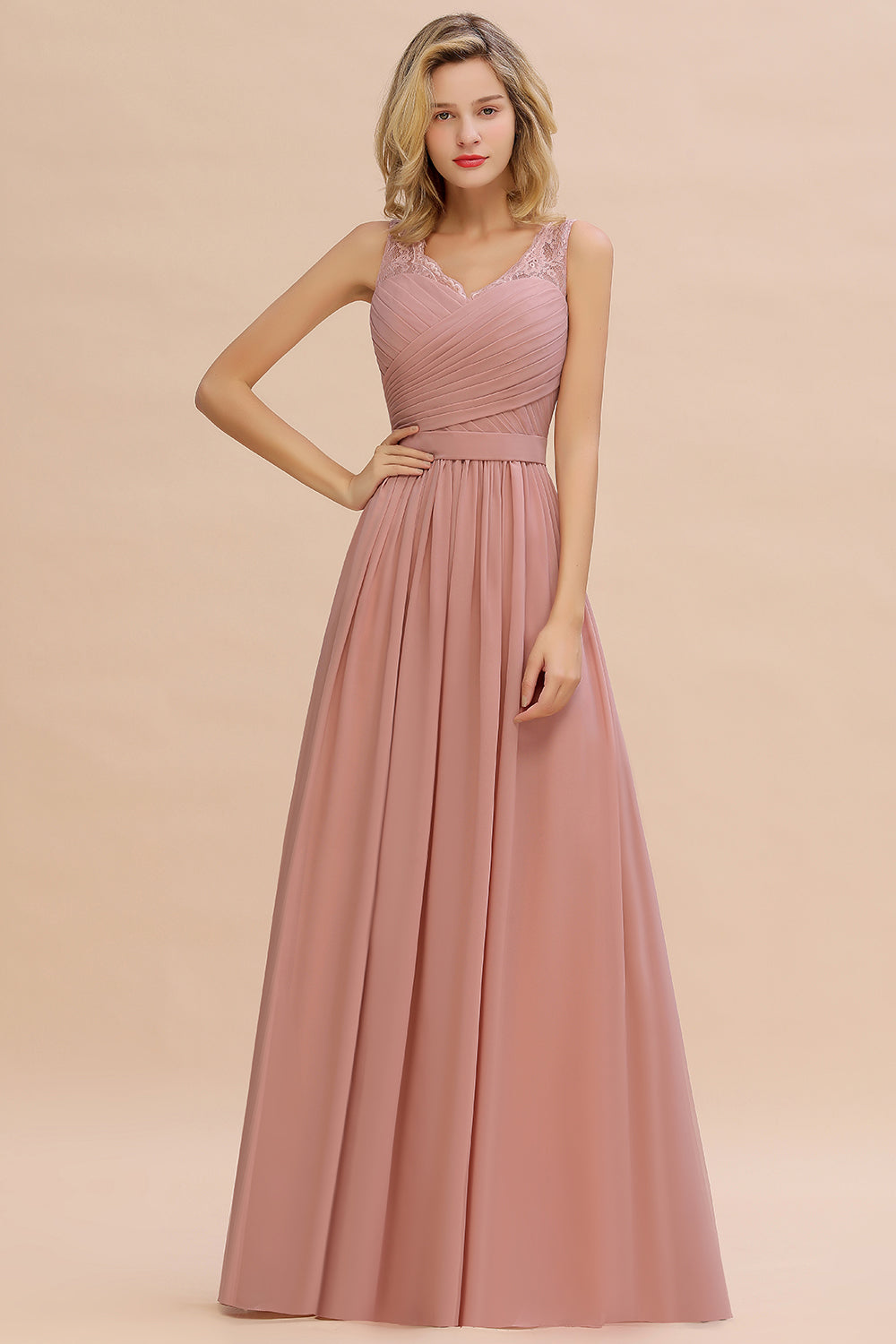 Classy Wide Straps V-neck A-line Floor Length Ruched Chiffon Bridesmaid Dress