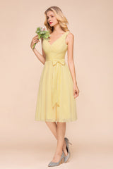 Classy Wide Straps V-neck A-line Knee-length Chiffon Bridesmaid Dress With Bowknot