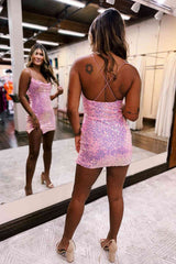 Short Mermaid Cowl Neck Sequin Prom Homecoming Dress with slit