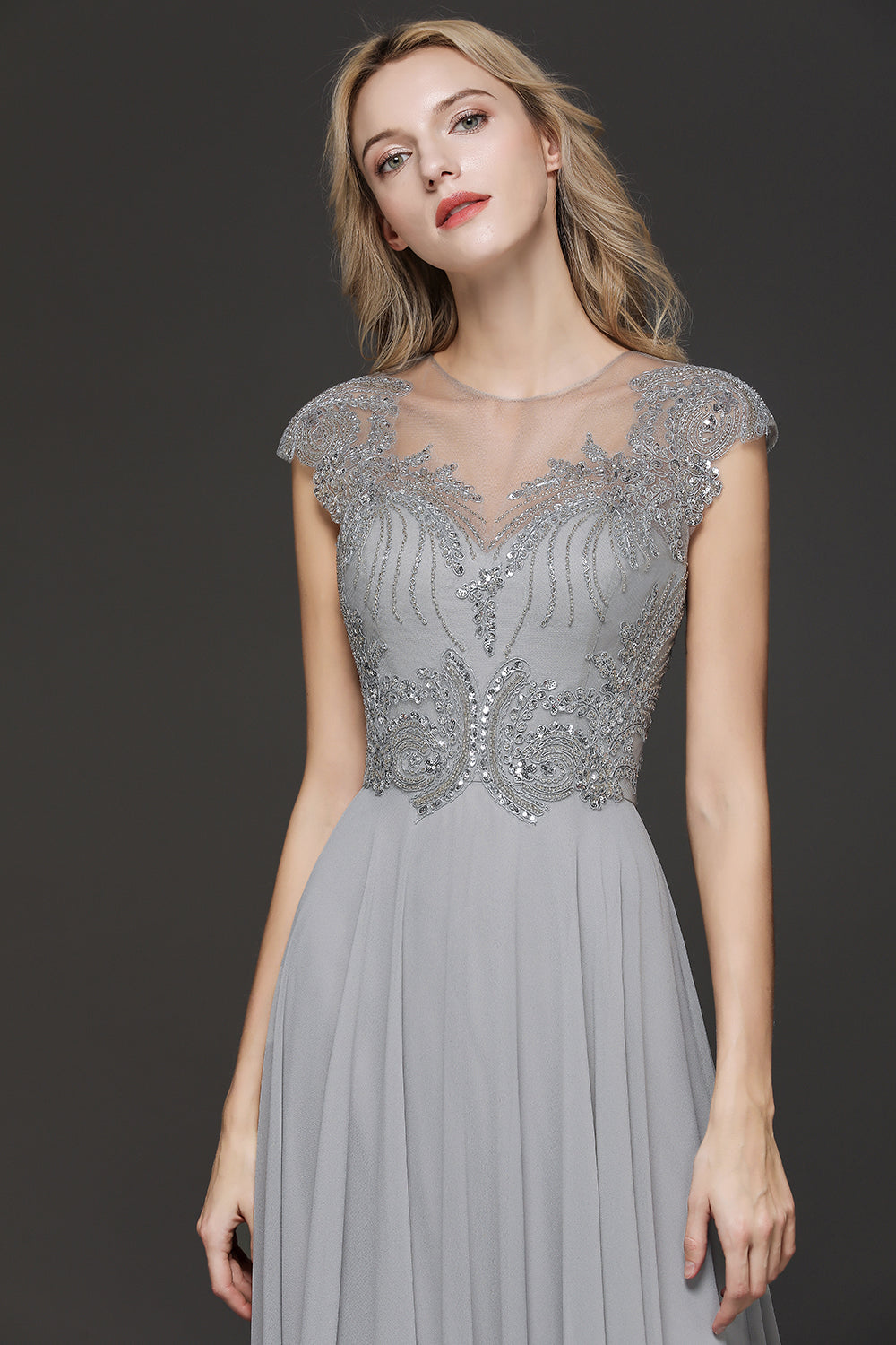 Crystal Appliques Sweetheart Cap sleeves Side Slit Bridesmaid Dress