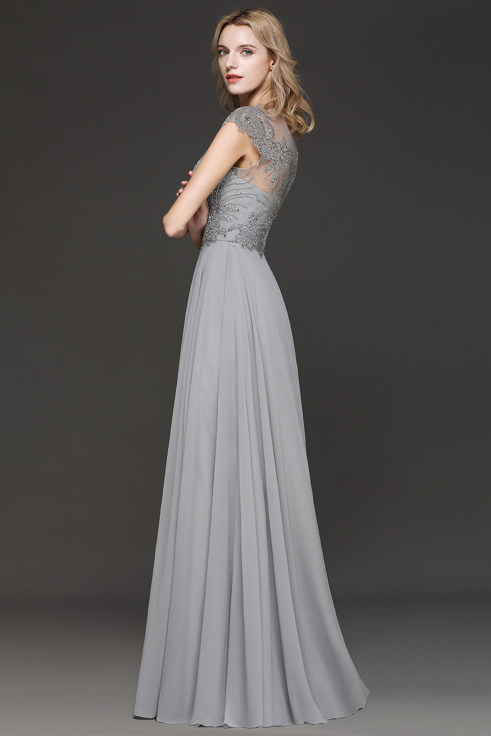 Crystal Appliques Sweetheart Cap sleeves Side Slit Bridesmaid Dress