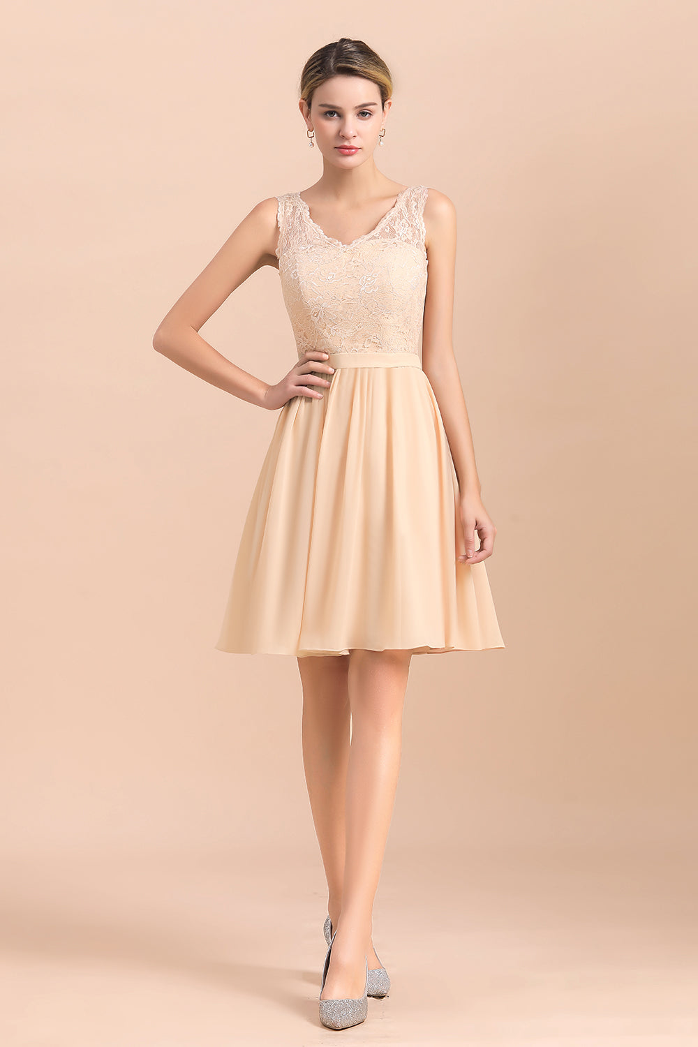 Lace A-Line Short V-neck Backless Wedding Guest Dresses with Short Sleeveless