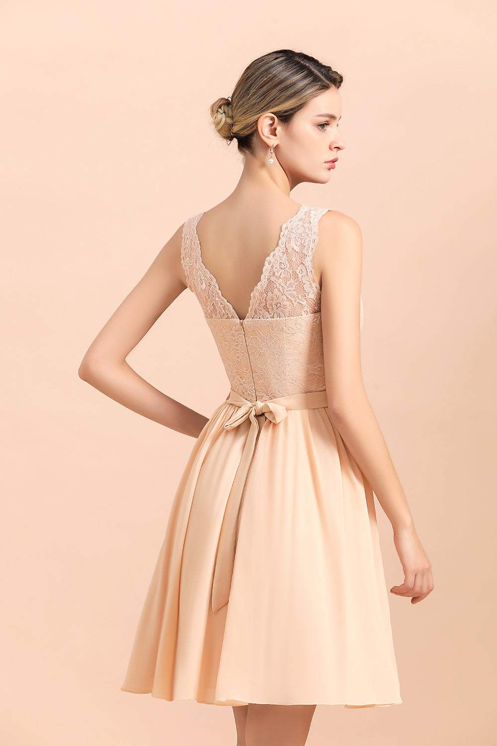 Lace A-Line Short V-neck Backless Wedding Guest Dresses with Short Sleeveless