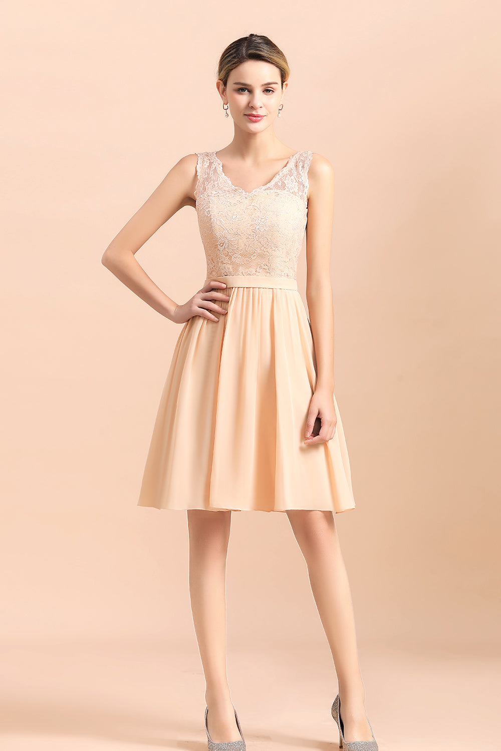 Cute Sleeveless Lace A-Line Knee Length V-neck Backless Bridesmaid Dress