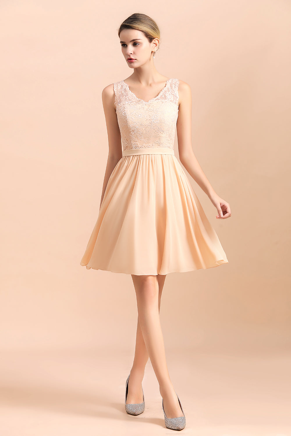 Lace A-Line Short V-neck Backless Wedding Guest Dresses with Short Sleeveless