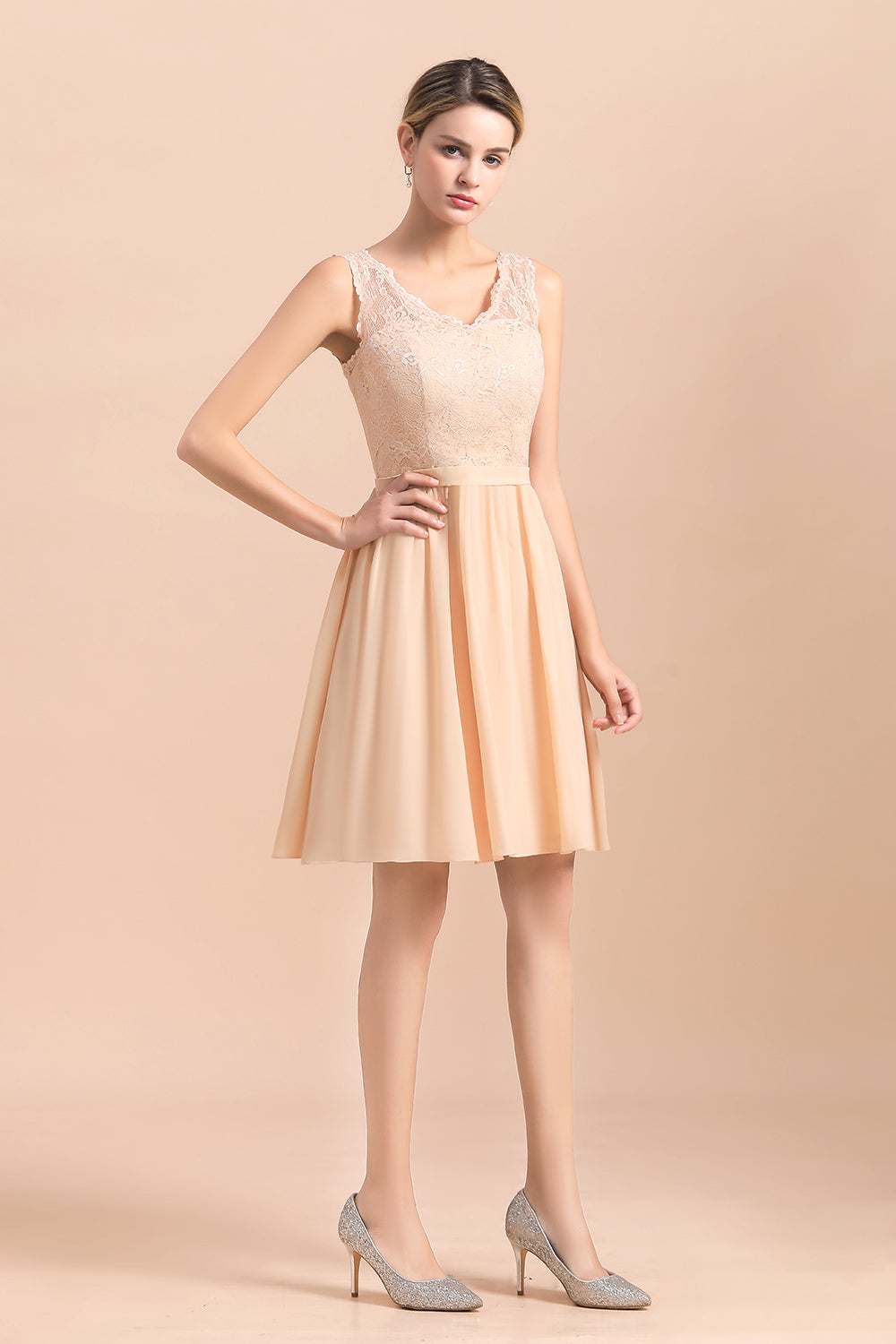 Cute Sleeveless Lace A-Line Knee Length V-neck Backless Bridesmaid Dress