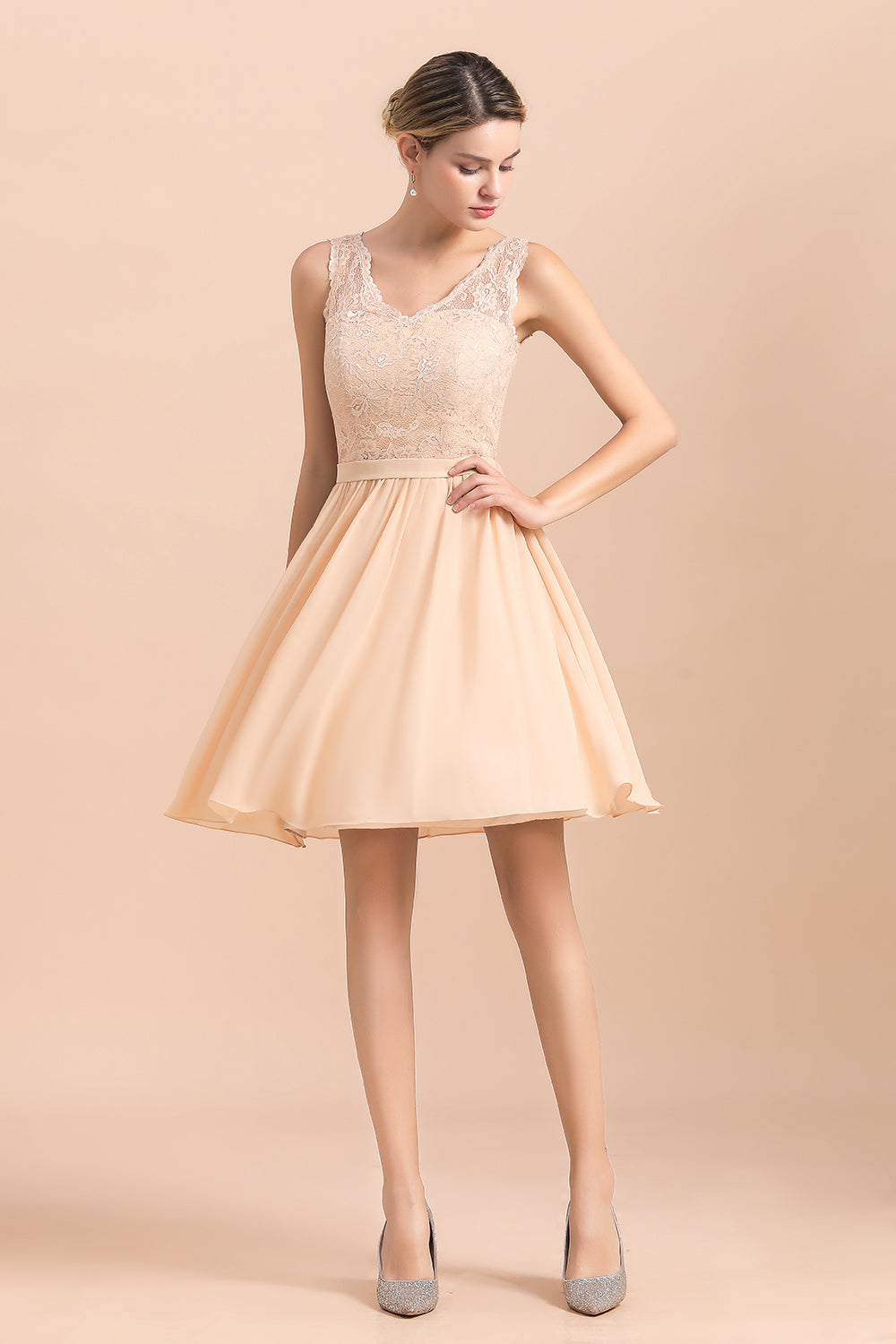 Lace A-Line Short V-neck Backless Wedding Guest Dresses with Short Sleeveless