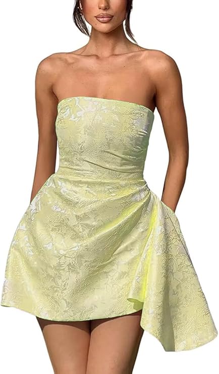 A-line Strapless Jacquard Satin Asymmetrical Lace up Sleeveless Short Homecoming Dress