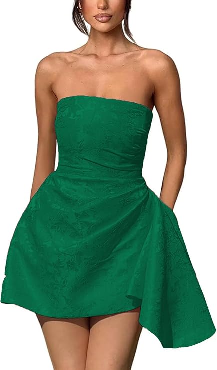 A-line Strapless Jacquard Satin Asymmetrical Lace up Sleeveless Short Homecoming Dress