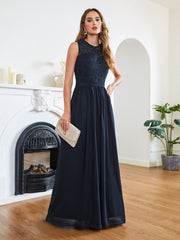 Long A line Crew Neck Lace Chiffon Wedding Guest Dress
