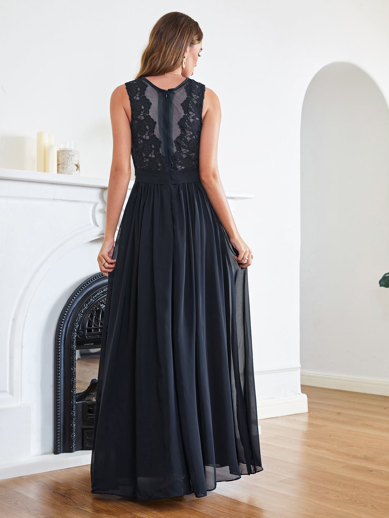 Long A line Crew Neck Lace Chiffon Wedding Guest Dress