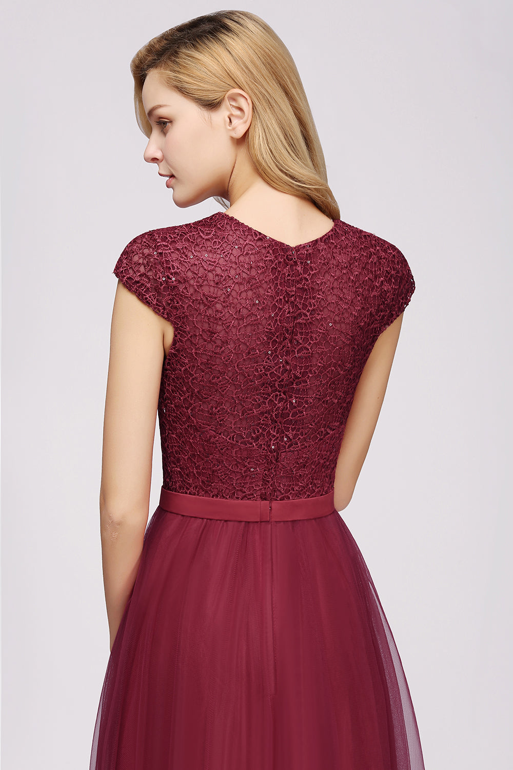 Delicate Bateau Short Sleeves A-Line Tulle Ruffles Floor Length Prom Dress