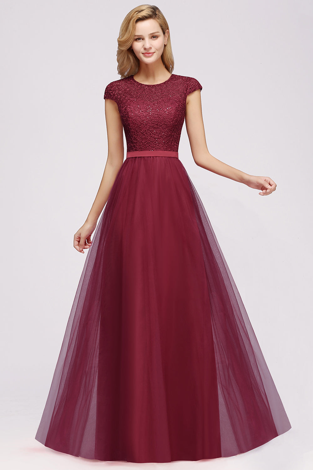 Delicate Bateau Short Sleeves A-Line Tulle Ruffles Floor Length Prom Dress