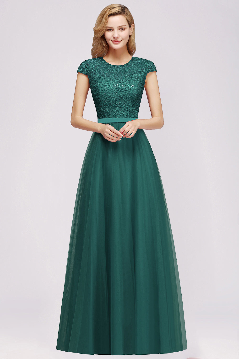 Delicate Bateau Short Sleeves A-Line Tulle Ruffles Floor Length Prom Dress