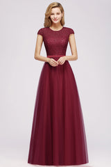 Delicate Bateau Short Sleeves A-Line Tulle Ruffles Floor Length Prom Dress