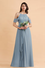 Dusty Blue Off the Shoulder A-Line Soft Chiffon Bridesmaid Dress With Pockets