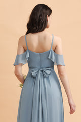 Dusty Blue Off the Shoulder A-Line Soft Chiffon Bridesmaid Dress With Pockets