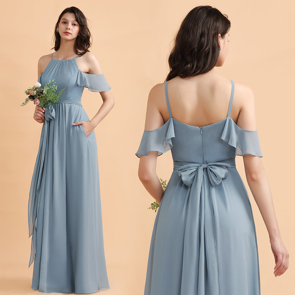 Dusty Blue Off the Shoulder A-Line Soft Chiffon Bridesmaid Dress With Pockets