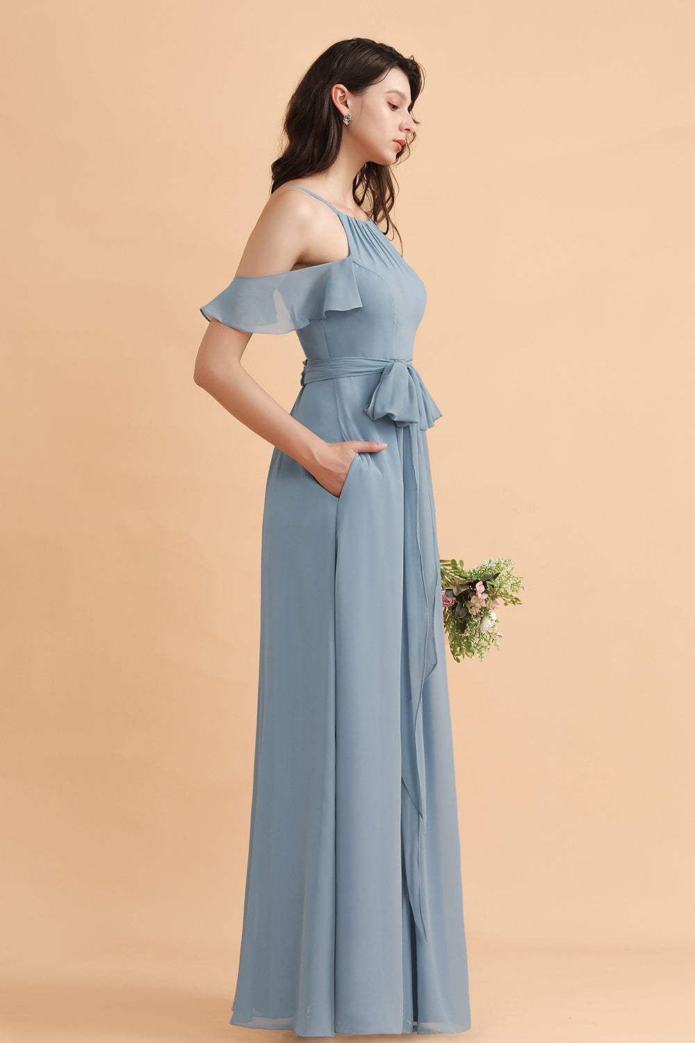 Dusty Blue Off the Shoulder A-Line Soft Chiffon Bridesmaid Dress With Pockets