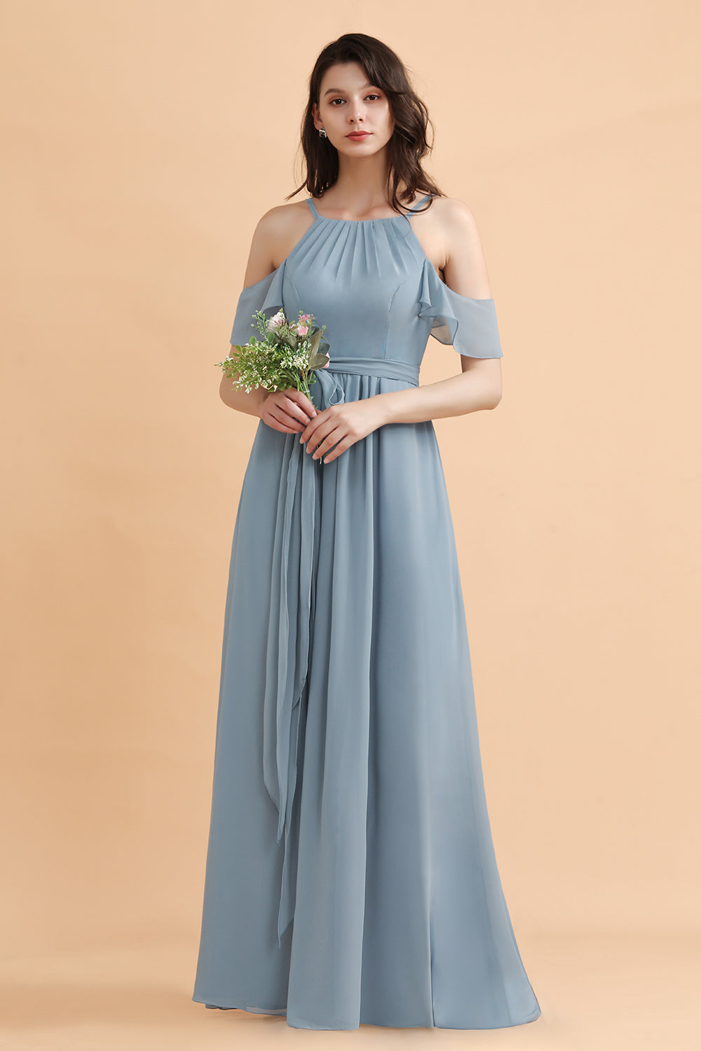 Dusty Blue Off the Shoulder A-Line Soft Chiffon Bridesmaid Dress With Pockets