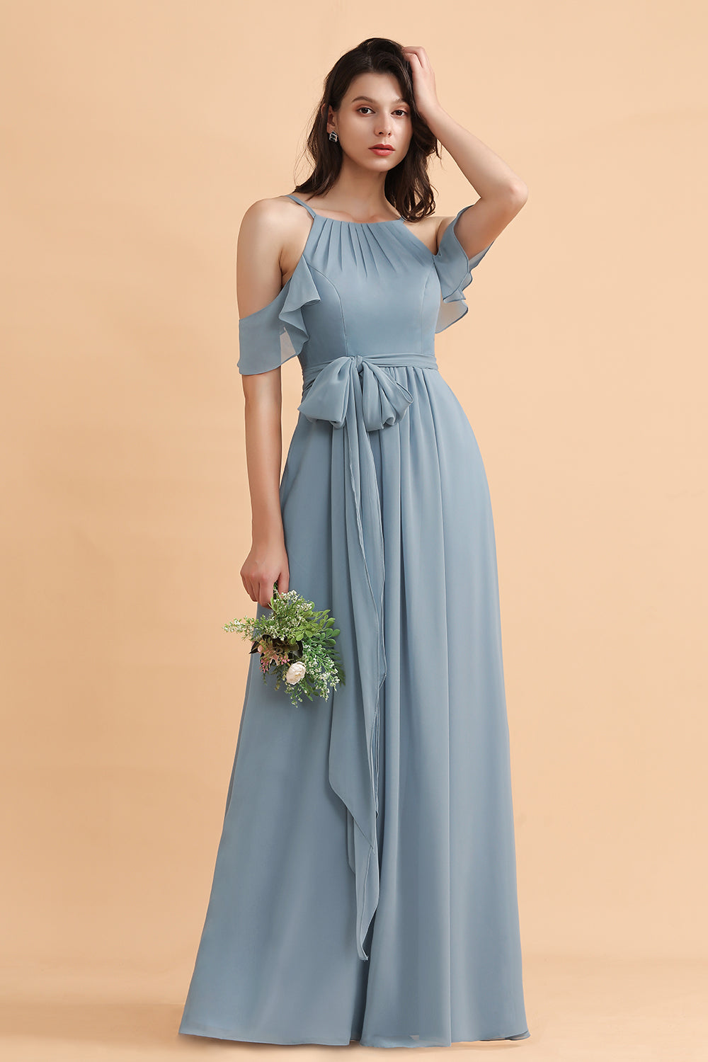 Dusty Blue Off the Shoulder A-Line Soft Chiffon Bridesmaid Dress With Pockets