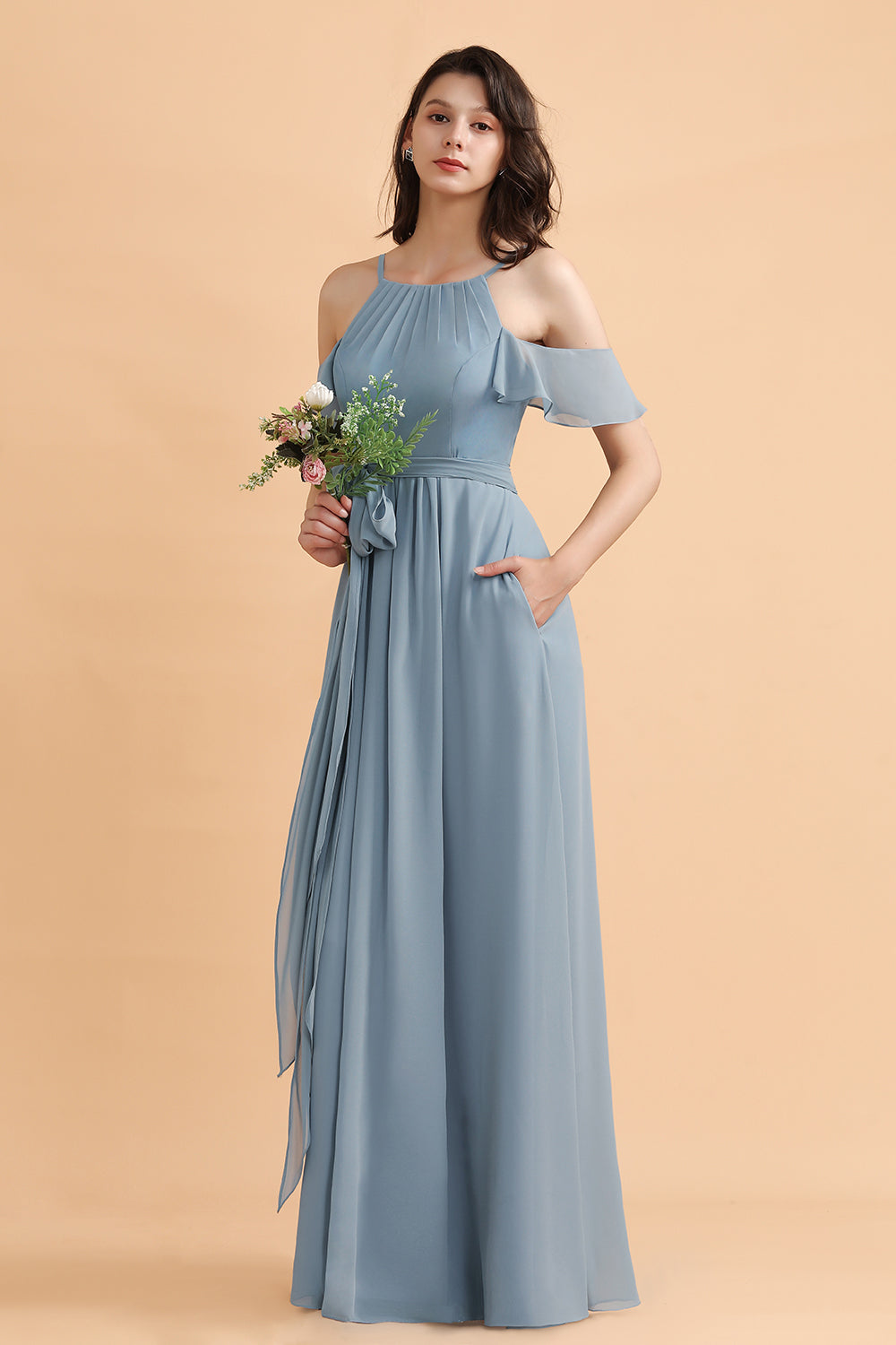 Dusty Blue Off the Shoulder A-Line Soft Chiffon Bridesmaid Dress With Pockets