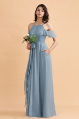 Dusty Blue Off the Shoulder A-Line Soft Chiffon Bridesmaid Dress With Pockets