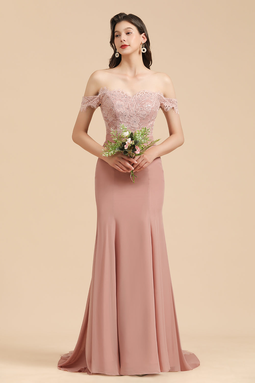 Dusty Rose Mermaid Off The Shoulder Lace Long Bridesmaid Dress