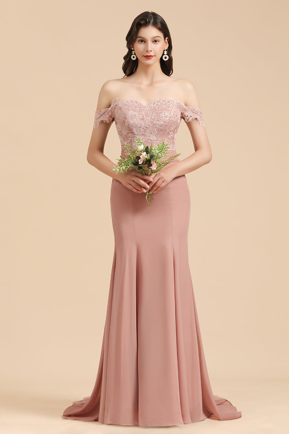 Dusty Rose Mermaid Off The Shoulder Lace Long Bridesmaid Dress