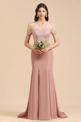 Dusty Rose Mermaid Off The Shoulder Lace Long Bridesmaid Dress